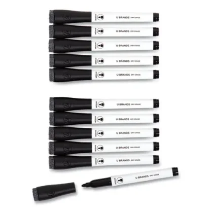 U Brands Medium Point Low-Odor Dry-Erase Markers with Erasers, Medium Bullet Tip, Black, Dozen