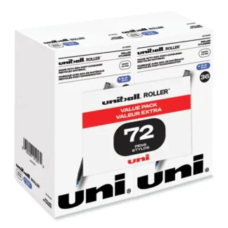 uniball® Rollerball Pen, Extra-Fine 0.5 mm, Blue Ink, Black/Blue Barrel, 72/Pack