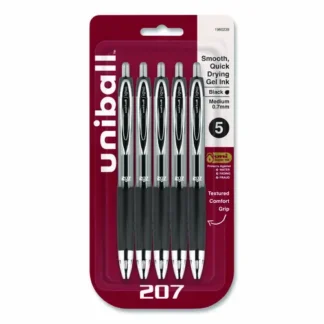 uniball® Signo 207 Retractable Gel Pen, Medium Point, 0.7 mm, Black Ink, Clear/Black Barrel, 5/Pack