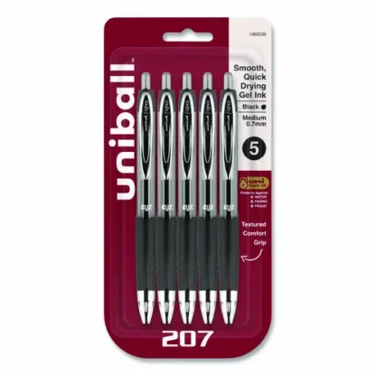 uniball® Signo 207 Retractable Gel Pen, Medium Point, 0.7 mm, Black Ink, Clear/Black Barrel, 5/Pack