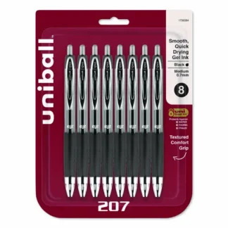 uniball® Signo 207 Gel Pen, Retractable, Medium Point, 0.7 mm, Black Ink, Clear/Black Barrel, 8 Pack