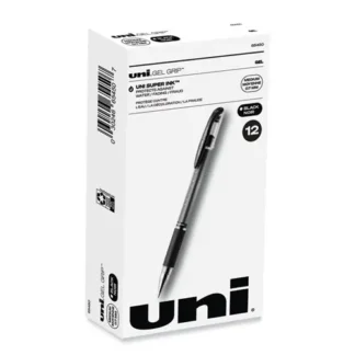uniball® Signo GRIP Gel Pen, Medium 0.7 mm, Black Ink, Clear/Black/Silver Barrel, Dozen