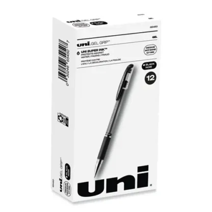 uniball® Signo GRIP Gel Pen, Medium 0.7 mm, Black Ink, Clear/Black/Silver Barrel, Dozen
