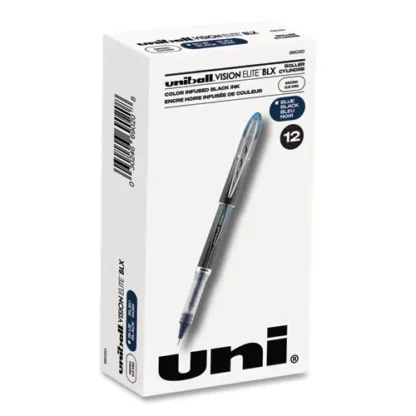 uniball® VISION ELITE BLX Series Hybrid Gel Pen, Extra-Fine 0.5 mm, Blue-Infused Black Ink, Gray/Blue/Clear Barrel