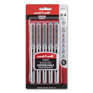 uniball® VISION Rollerball Pen, Fine 0.7 mm, Assorted Ink & Barrel Colors, 5/Pack