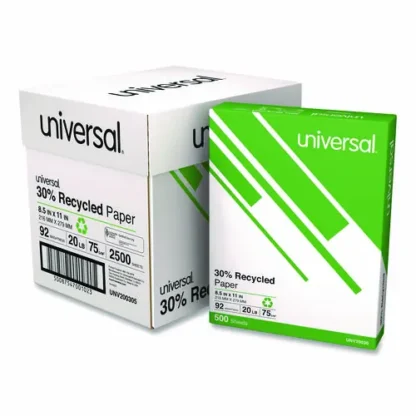 Universal® 30% Recycled Copy Paper, 92 Bright, 20 lb Bond, 8.5 x 11, White, 500 Sheets per Ream, 5 Reams per Carton