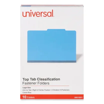 Universal® Bright Colored Pressboard Classification Folders, Legal Size, 2" Expansion, 2 Dividers, 6 Fasteners, Cobalt Blue, 10/Box