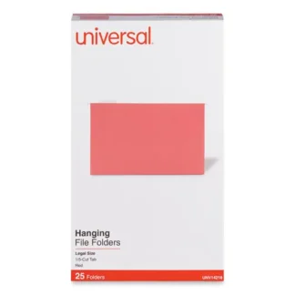 Universal® Deluxe Bright Color Hanging File Folders, Legal Size, 1/5-Cut Tabs, Red, 25/Box