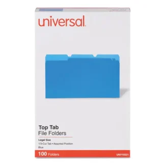 Universal® Deluxe Colored Top Tab File Folders, 1/3-Cut Tabs, Assorted Positions, Legal Size, Blue/Light Blue, 100/Box
