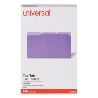 Universal® Deluxe Colored Top Tab File Folders, 1/3-Cut Tabs, Legal Size, Violet/Light Violet, 100/Box