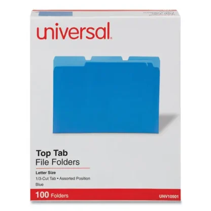 Universal® Deluxe Colored Top Tab File Folders, 1/3-Cut Tabs, Assorted Positions, Letter Size, Blue/Light Blue, 100/Box