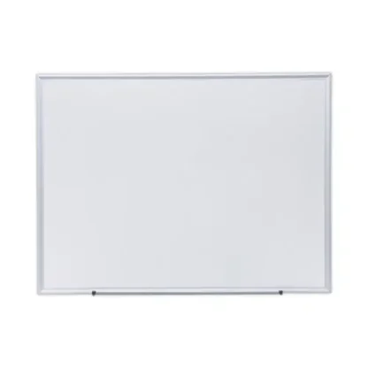 Universal® Deluxe Melamine Dry Erase Board, 48" x 36", White Surface, Satin Aluminum Frame