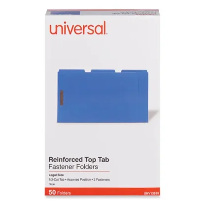 Universal® Deluxe Reinforced Top Tab Fastener Folders, Legal Size, Blue, 50/Box