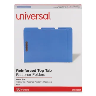 Universal® Deluxe Reinforced Top Tab Fastener Folders, Letter Size, Blue, 50/Box