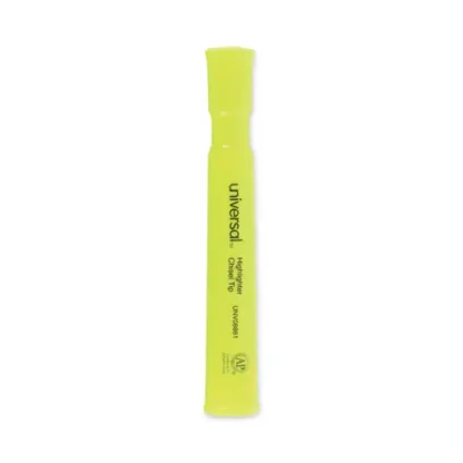 Universal™ Desk Highlighters, Fluorescent Yellow Ink, Chisel Tip, Yellow Barrel, Dozen