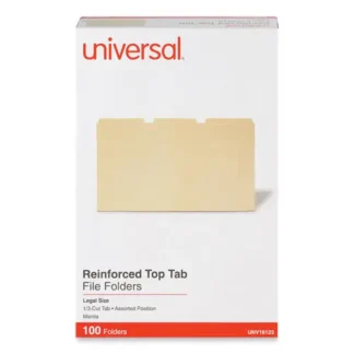 Universal® Double-Ply Top Tab Manila File Folders, 1/3-Cut Tabs: Assorted, Legal Size, 0.75" Expansion, Manila, 100/Box