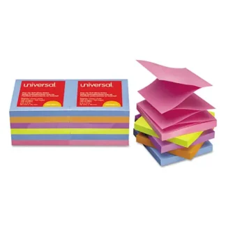 Universal® Fan-Folded Self-Stick Pop-Up Note Pads, Assorted Bright Colors, 12 Pads/Pack