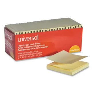 Universal® Fan-Folded Self-Stick Pop-Up Note Pads Cabinet Pack, Yellow, 3" x 3", 90 Sheets Per Pad, 24 Pads Per Pack