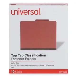 Universal® Four-Section Pressboard Classification Folders, Letter Size, Red, 10/Box
