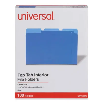 Universal® Interior File Folders, 1/3-Cut Tabs, Assorted Positions, Letter Size, Blue, 100/Box