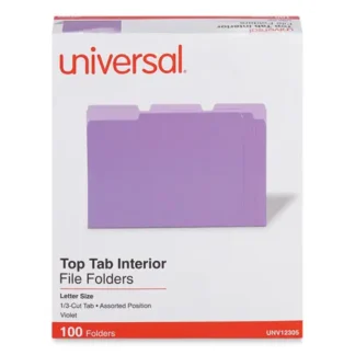 Universal® Interior File Folders, 1/3-Cut Tabs, Assorted Positions, Letter Size, 11-pt Stock, Violet, 100/Box