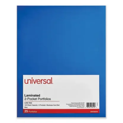 Universal® Laminated Two-Pocket Folder, Blue, 100-Sheet Capacity, 25/Box