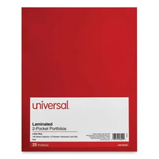 Universal® Laminated Two-Pocket Folder, Cardboard Paper, 100-Sheet Capacity, 11 x 8.5, Red, 25/Box