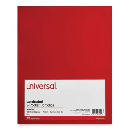 Universal® Laminated Two-Pocket Folder, Cardboard Paper, 100-Sheet Capacity, 11 x 8.5, Red, 25/Box