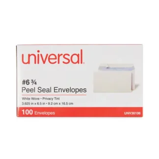 Universal® Peel Seal Strip Security Tint Business Envelope, #6 3/4, Square Flap, Self-Adhesive Closure, 3.63 x 6.5, White, 100/Box