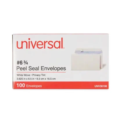 Universal® Peel Seal Strip Security Tint Business Envelope, #6 3/4, Square Flap, Self-Adhesive Closure, 3.63 x 6.5, White, 100/Box