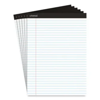 Universal® Premium Ruled Writing Pads, Wide/Legal Rule, Black Headband, 50 Sheets, 8.5" x 11", 6/Pack