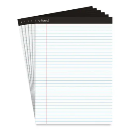Universal® Premium Ruled Writing Pads, Wide/Legal Rule, Black Headband, 50 Sheets, 8.5" x 11", 6/Pack