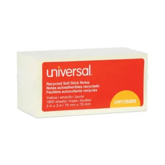 Universal® Recycled Self-Stick Note Pads, 3" x 3", Yellow, 100 Sheets/Pad, 18 Pads/Pack