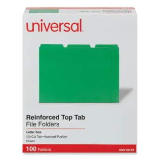 Universal® Reinforced Top-Tab File Folders, 1/3-Cut Tabs, Assorted Tab Positions, Letter Size, 1" Expansion, Green, 100/Box
