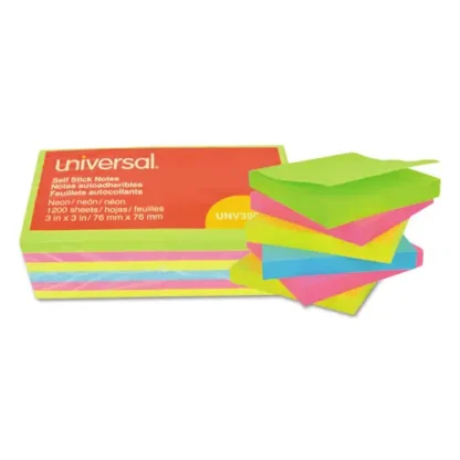 Universal® Self-Stick Note Pads, 3" x 3", Assorted Neon Colors, 100 Sheets/Pad, 12 Pads/Pack