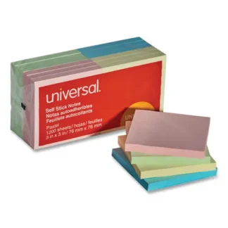 Universal® Self-Stick Note Pads, 3" x 3", Assorted Pastel Colors, 100 Sheets/Pad, 12 Pads/Pack