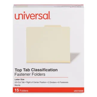 Universal® Six-Section Classification Folders, Letter Size, Manila, 2 Dividers, 6 Fasteners, 15/Box