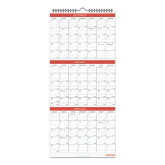 Universal® Three-Month Wall Calendar, 12 x 27, White/Red Sheets, 14-Month: Dec 2024 to Jan 2026