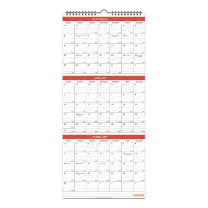 Universal® Three-Month Wall Calendar, 12 x 27, White/Red Sheets, 14-Month: Dec 2024 to Jan 2026