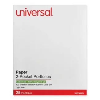 Universal® Two-Pocket Portfolio, Embossed Leather Grain Paper, Light Blue, 25/Box