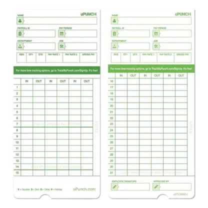 uPunch™ Time Clock Cards for uPunch HN1000/HN3000/HN3600, Two Sided, 100/Pack
