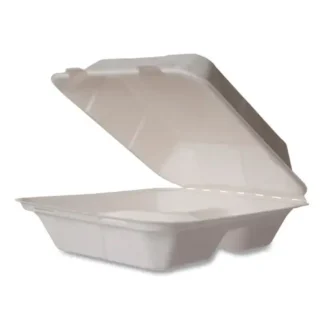 Vegware™ White Molded Fiber Clamshell Containers, Compostable, 3 Compartments, 7.9" x 7.9" x 2.9", White, Sugarcane, 200/Carton
