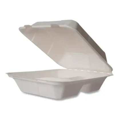 Vegware™ White Molded Fiber Clamshell Containers, Compostable, 3 Compartments, 7.9" x 7.9" x 2.9", White, Sugarcane, 200/Carton