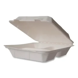 Vegware™ White Molded Fiber Clamshell Containers, Compostable, 3-Compartment, White, 200/Carton