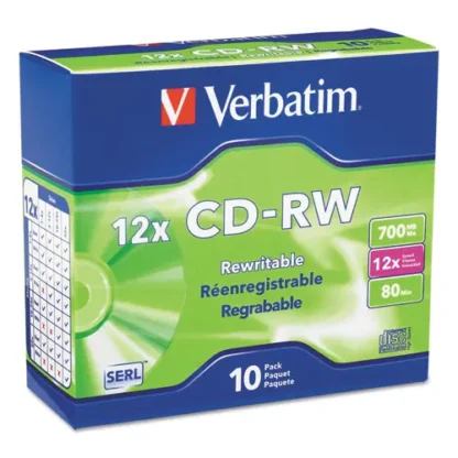 Verbatim® CD-RW High-Speed Rewritable Disc, 700 MB/80 min, 12x, Slim Jewel Case, Silver, 10/Pack