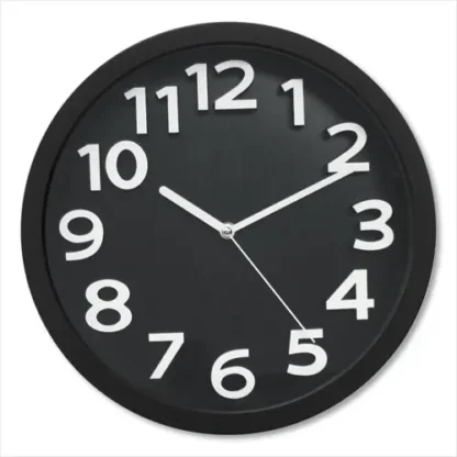 Victory Light Tempus Wall Clock with Raised Numerals and Silent Sweep Dial, 13" Overall Diameter, Black Case, Black Face