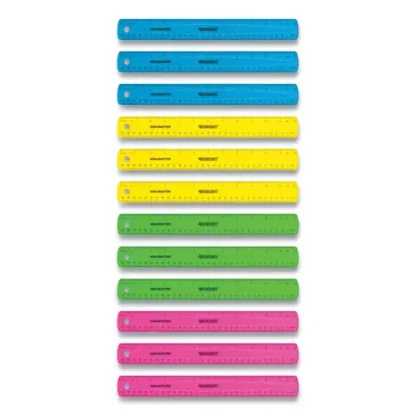 Westcott® Non-Shatter Flexible Ruler, Standard/Metric, 12" (30 cm), Plastic, Assorted Translucent Colors, Box of 12