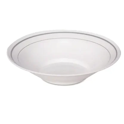 WNA Masterpiece Plastic Dinnerware, Bowl, 10 oz, White/Silver, 10/Pack, 15 Packs/Carton