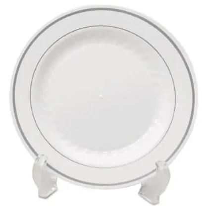 WNA Masterpiece Plastic Dinnerware Plate, 10.25" Diameter, White/Silver, 12/Pack, 10 Packs/Carton