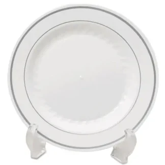 WNA Masterpiece Plastic Dinnerware Plate, 9" Diameter, White/Silver, 12/Pack, 10 Packs/Carton (Non-Stock, Extended Delivery)